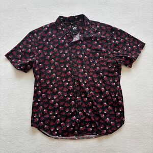WXYZ Skull Rose Print Shirt Mens Large Black Red Short Sleeve Cotton Button Down